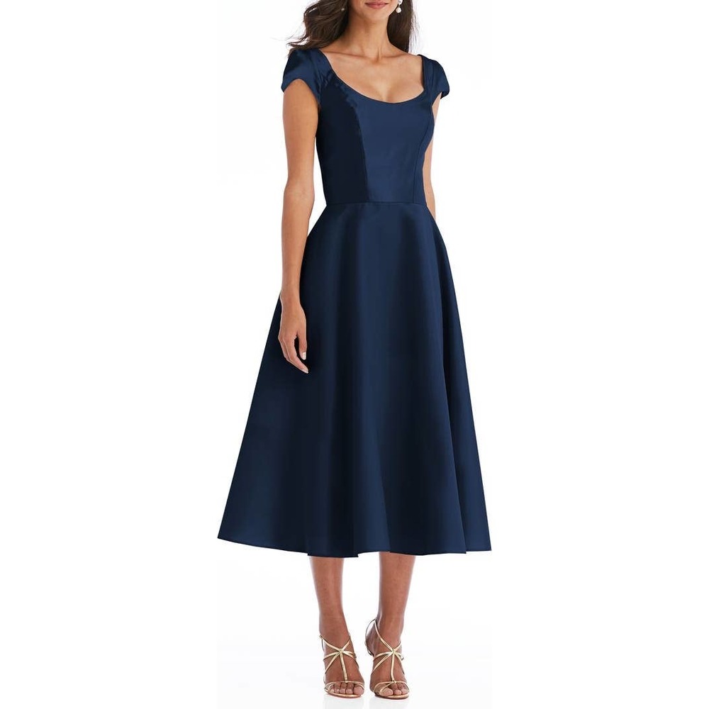Alfred Sung Full Skirt Satin Midi Cocktail Dress Women's Plus 18 Blue D798 NWT